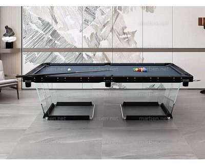 MESA DE BILLAR LUXURY GLASS2,  DE CRISTAL TEMPLADO ESTRUCTURA DE ACERO INOXIDABLE, 7FT ó 8FT